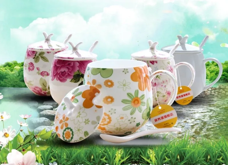 410ML, Cute floral rose designed, bone china thermos tumbler