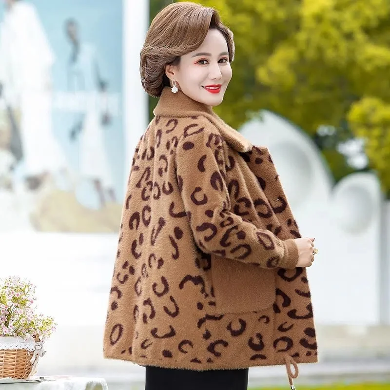 

Mom Autumn and Winter Mink Velvet Coat 2022 Winter New Middle-Aged and Elderly Women's Fashion Leopard Print Mid-Length Jacket