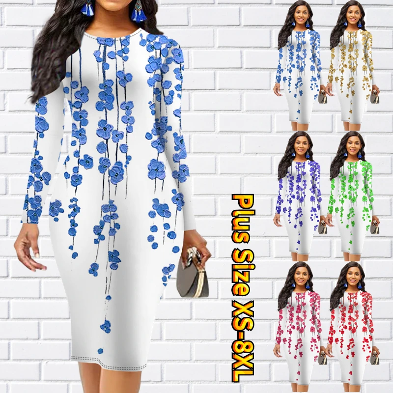 

Winter Casual Slim Skirt New Design Printed Long Sleeve Skirt Round Neck MIDI Skirt Autumn Women's Knee Skirt Sexy Sheath Skirt
