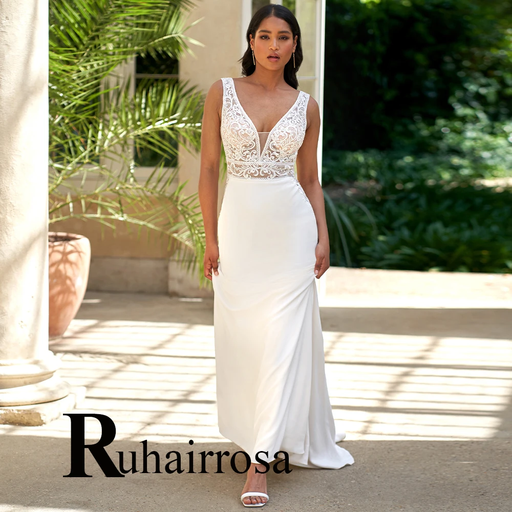 Wedding Dresses Ruhair Trendy Tank Deep V-Neck Sleeveless Trumpet Satin For Women Appliques Vestido De Casamento