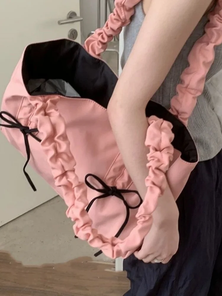 

Korean Pleated Sweet Bow Handbag Tote Bags Large Capacity Women Commute Shoulder Bag