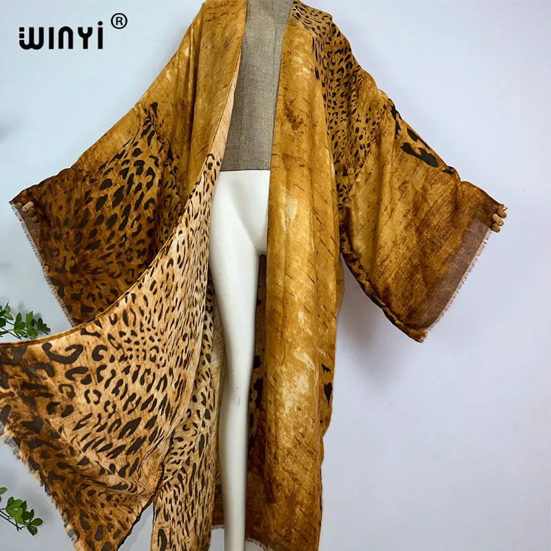 WINYI 여름 보헤미안 레오파드 프린트 비치 웨어 수영복 커버 업 유럽 여성 가디건, 화려한 섹시 홀리데이 긴 소매 기모노