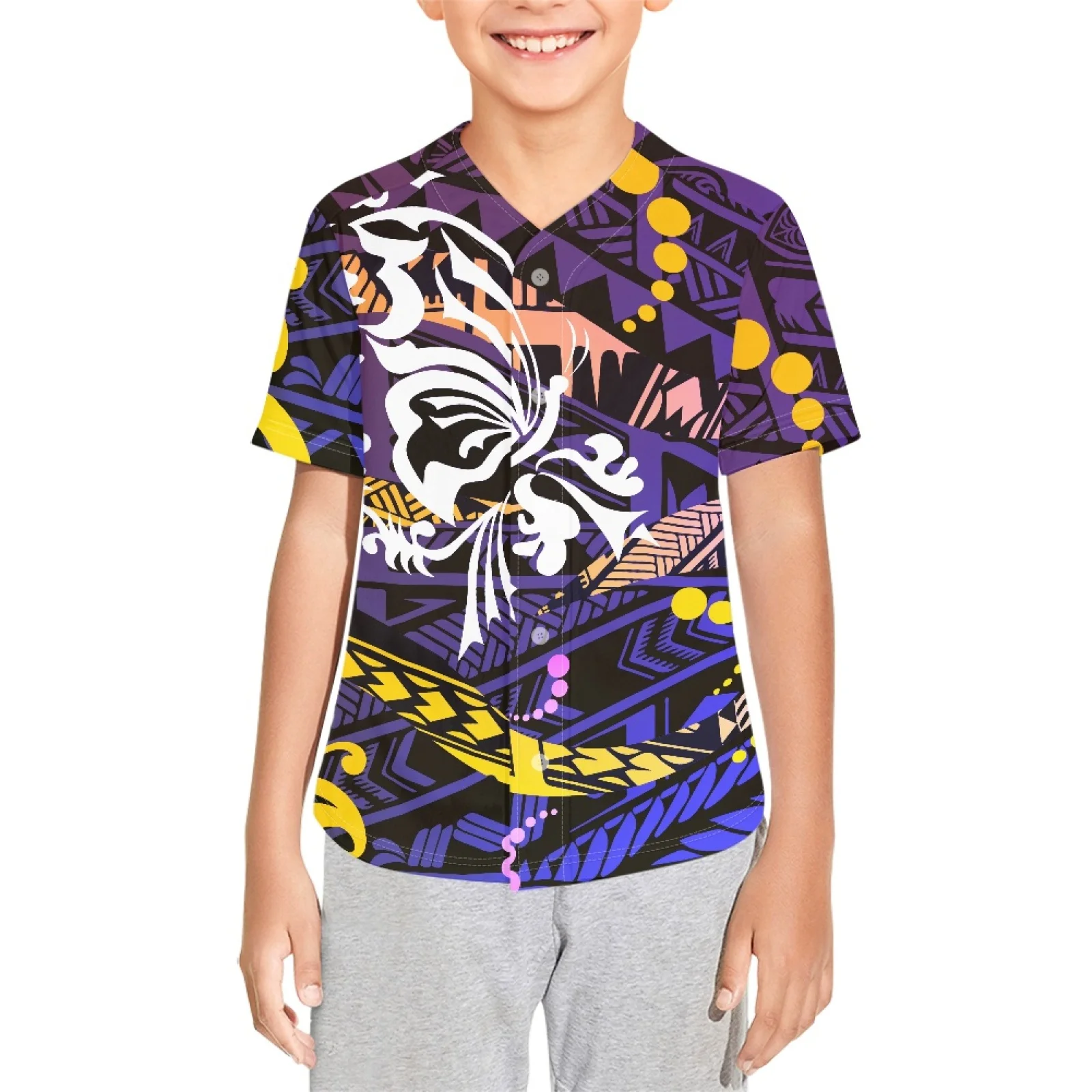 

Polynesian Tribal Pohnpei Totem Tattoo Prints Kid Hip Hop Clothing Cardigan T Shirt Baseball Jersey Top Streetwear Boy Costume