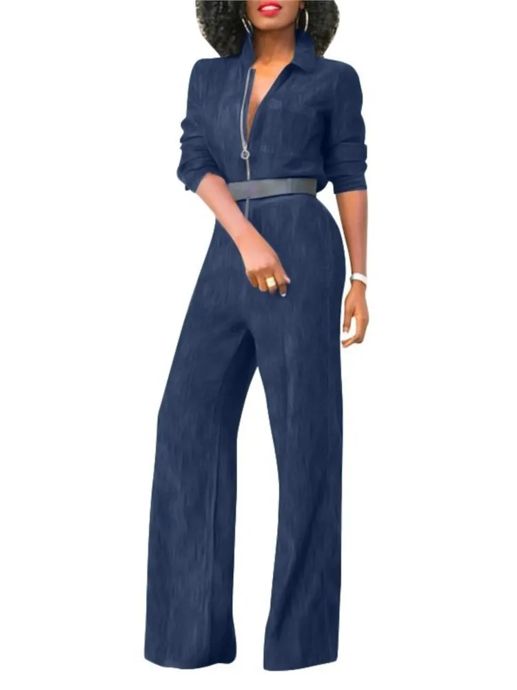 Fashion V Neck Long Sleeve Jumpsuit Women's Spring Autumn Casual Zipper Denim Jumpsuit Elegant Solid Female Office Jumpsuits