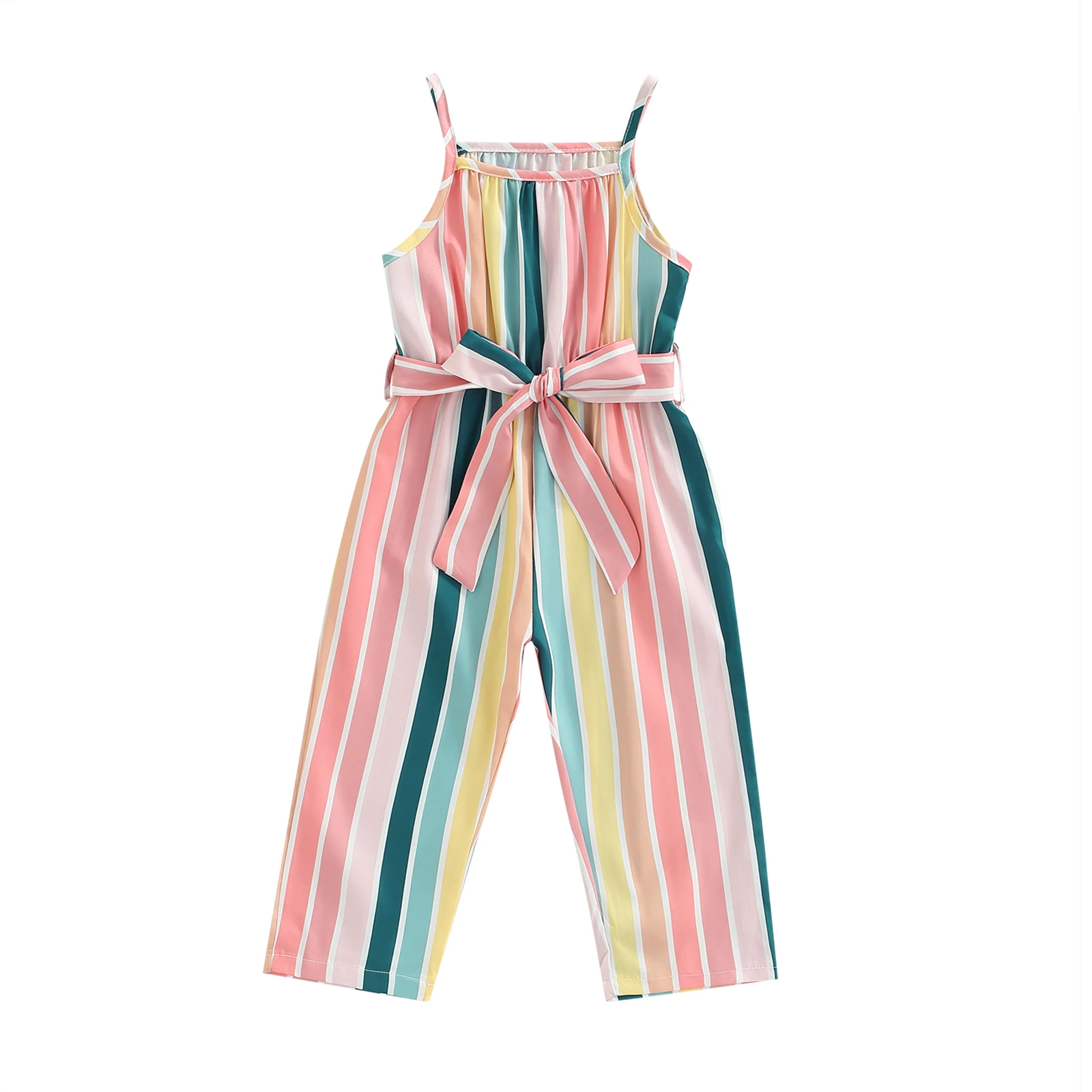 Baby Bodysuits for boy Fashionable Little Girl Jumpsuit, Spaghetti Square Neck Sleeveless Stripe Pattern Bow Knot Waist Belt Loose Long Pants 1-6T Baby Bodysuits made from viscose  Baby Rompers