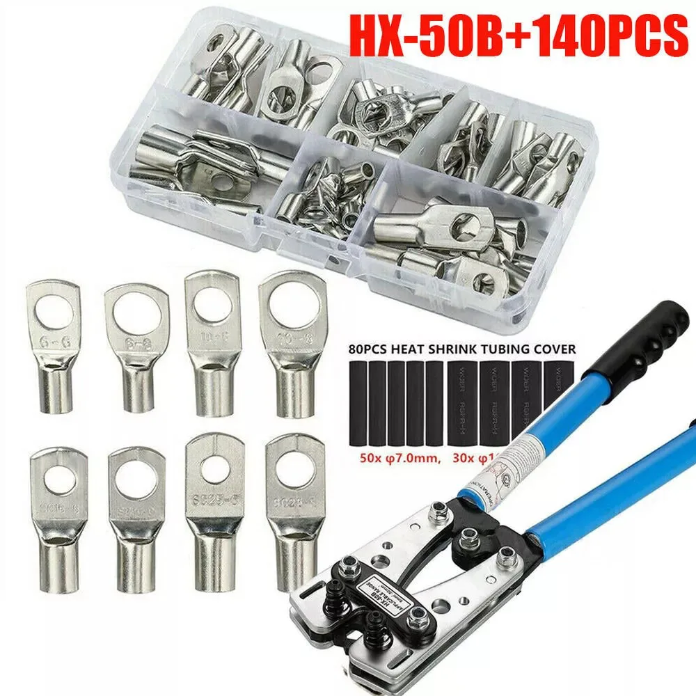 140pcs Peep Port Copper Terminal Tubing Terminal Cold Pressing End with Pliers