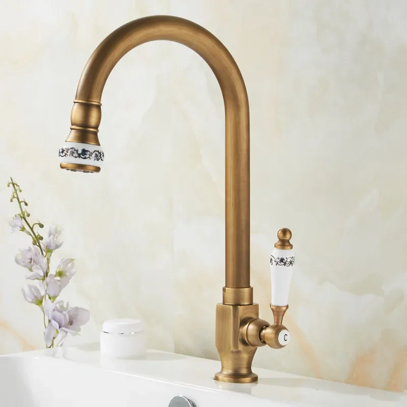 Kitchen Faucet Single Cold Antique Brass Balcony Sink Faucet Vanity 360°Swivel Rotate Spout Cozinha Water Tap