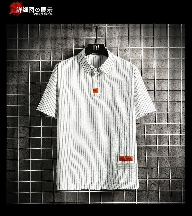 Men's Clothing Summer Vertical Striped Workwear Short Sleeve Polo Shirt Loose Fit American Retro Half Sleeve Top Solid Color 10 Sd4f414ec3f7c44aaa3b8f88e326ffdd6p
