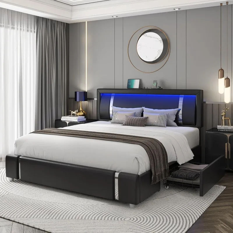

Bed Frame with RGB LED Lights Headboard & 2 Storage Drawers, Modern Upholstered Faux Leather Platform Bed