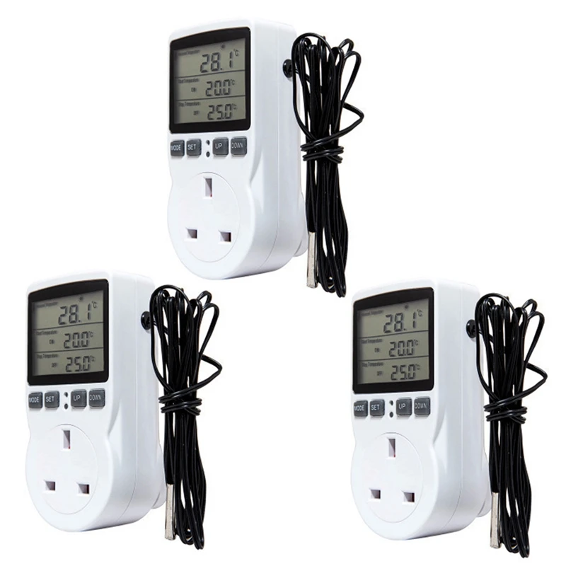 

3X Digital Temperature Controller Thermostat Outlet Socket Plug Heating Cooling Timer For Homebrew Greenhouse UK Plug