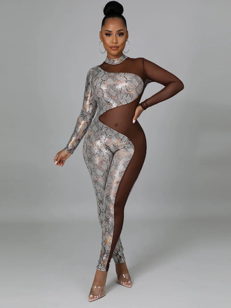 

Sexy sequin women's jumpsuit with mesh panels high elasticity tight fitting long sleeves fashionable print perspective summerNew