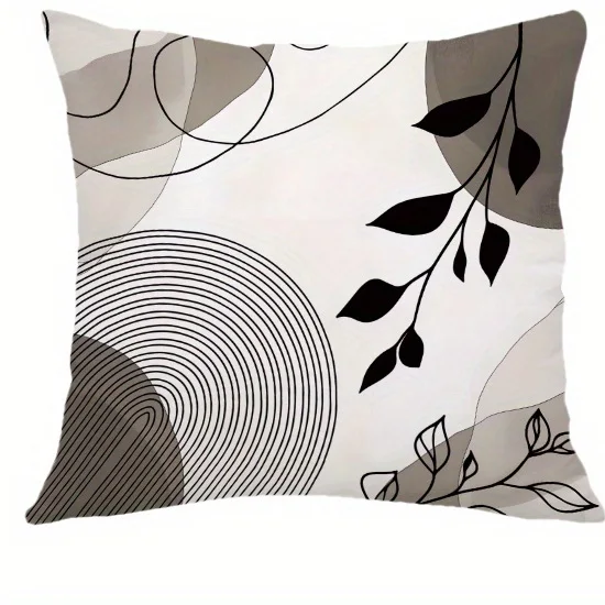 Black leaf and circle polyester pillow cover design 1
