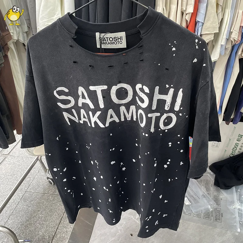 Nouveau T-shirt Satoshi Nakamoto pour Homme et Femme, Col Rond, Effet Délavé et Usé, Motif Graffiti Vieilli, Imprimé, Manches Courtes, Streetwear 1
