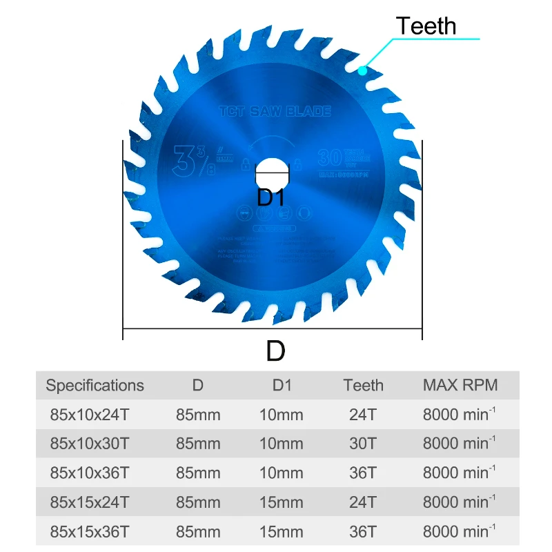 목재 용 85mm 톱 블레이드 24/30/36T 나노 블루 코팅 미니 원형 톱 블레이드 85x10/15mm 카바이드 커팅 디스크 TCT 톱 블레이드