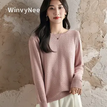 WinvyNee Women's Pure Cotton Solid Color Osmanthus Stitch Crew Neck Long Sleeve Pullover Comfy Skin-Friendly Daily Wear A1092018 1