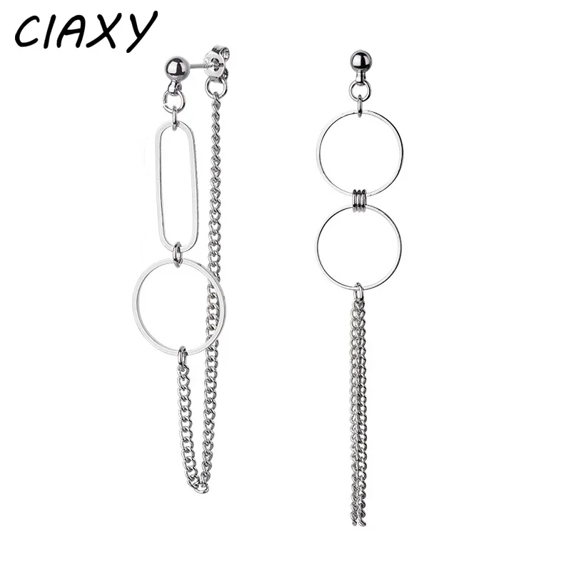 CIAXY Silver Color Asymmetrical Earrings for Women Geometric Round Pendant Ear Line Earring Punk Hip Hop Jewelry