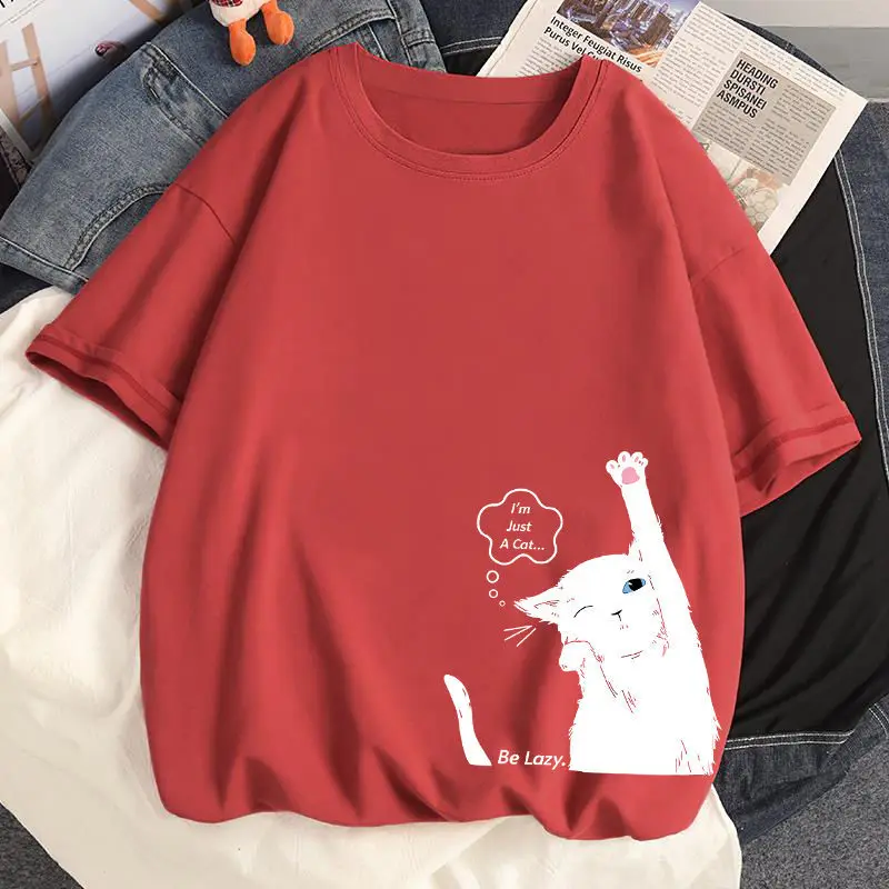 Cotton Cute Cat T Shirt Loose Size Short Sleeve T-shirt Summer Girl Student Top Tees T-shirt Women Clothing Plus 35-100kg petite maternity clothes