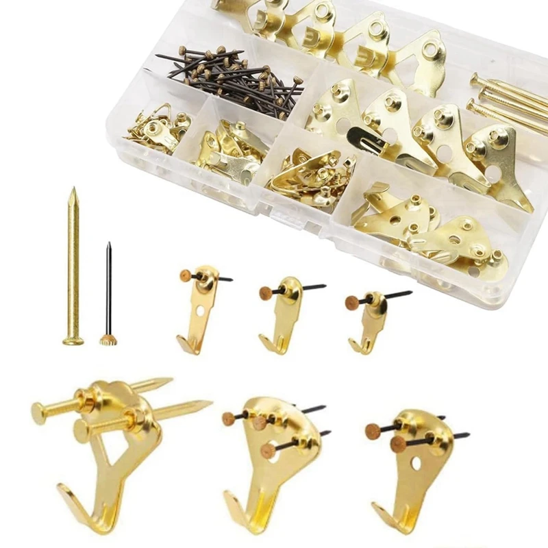 

120 PCS Picture Hanging Kit, Picture Hangers Assorted Kit Gold With Heavy Duty Wall Hooks,For Canvas, Office Pictures, Clock