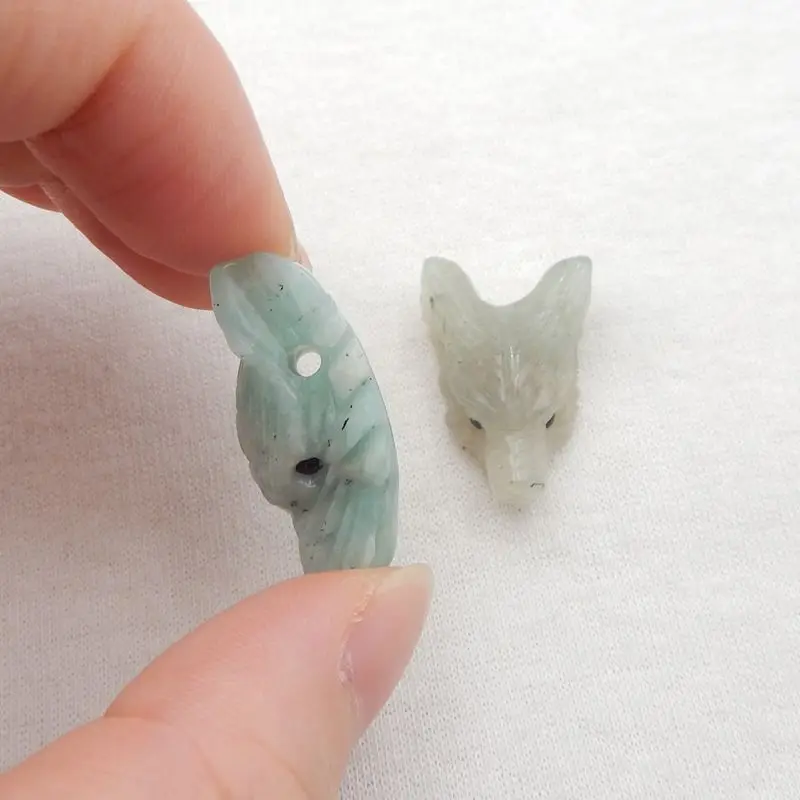 2Pcs Natural Stone Amazonite Handmade Animal Wolf Head Pendant Beads 27x17x12mm 24x17x10mm 9g