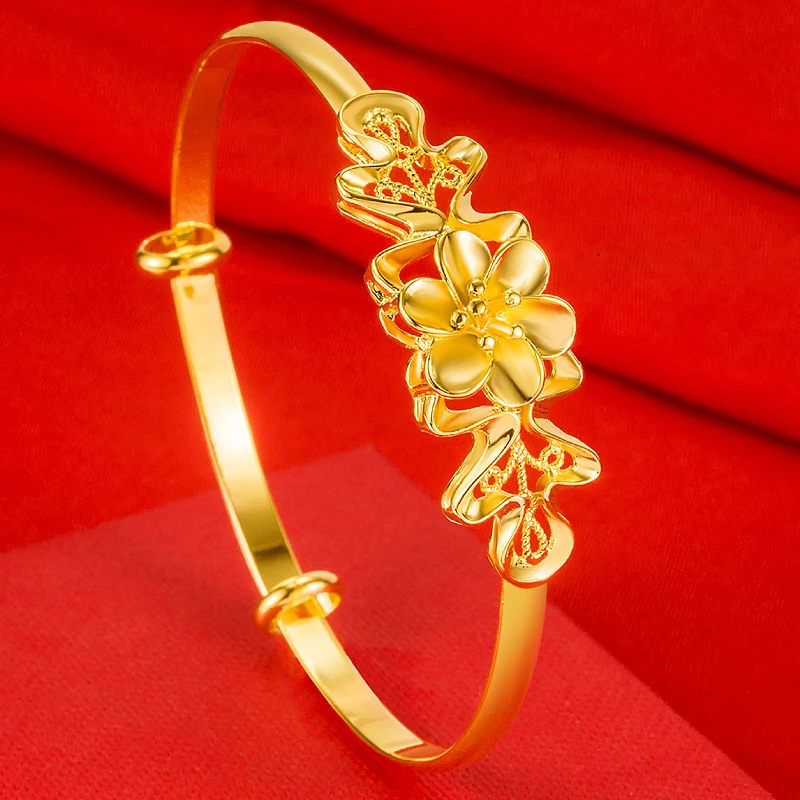 

Simple Smooth 18K Gold Color Cuff Bracelets for Women Bride Flower Jewelry Party Gothic Girl Charm Push Pull Bracelet Bangles