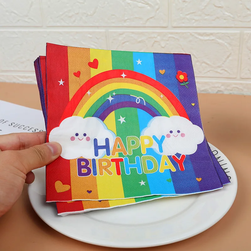 20/50Pcs Cute Rainbow Cloud Happy Birthday Paper Napkins Disposable Tissues Towel for Kids Birthday Baby Shower Party Decoration