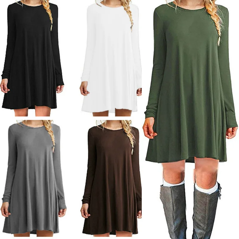 Womens Long Sleeve Swing Dress - Casual Solid Color Round Neck Autumn Winter
