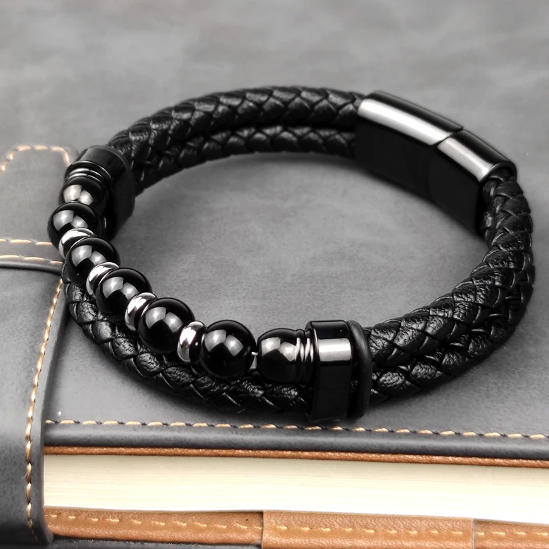 Jewelry Chakra Men Women Bracelet Stainless Steel Chain Beads Genuine Leather Magnetic Natural Stone