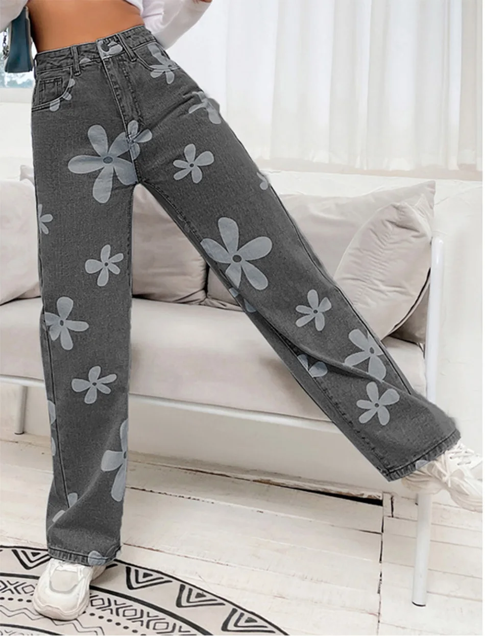 2022 New Summer Vintage Jeans Woman Long Trousers Casual Floral Print Jeans Streetwear Chic Cute Straight Baggy Denim Pants Y2K levis jeans