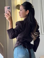 Blazer chic plissé à taille cintrée pour femme, col en V, simple boutonnage, avec lacets, manteau décontracté et ajusté pour le quotidien, collection 2026 3