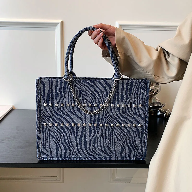 2023 New Fashion High-Capacity Blue Striped Denim Handbags  Tote Bag  For Womens