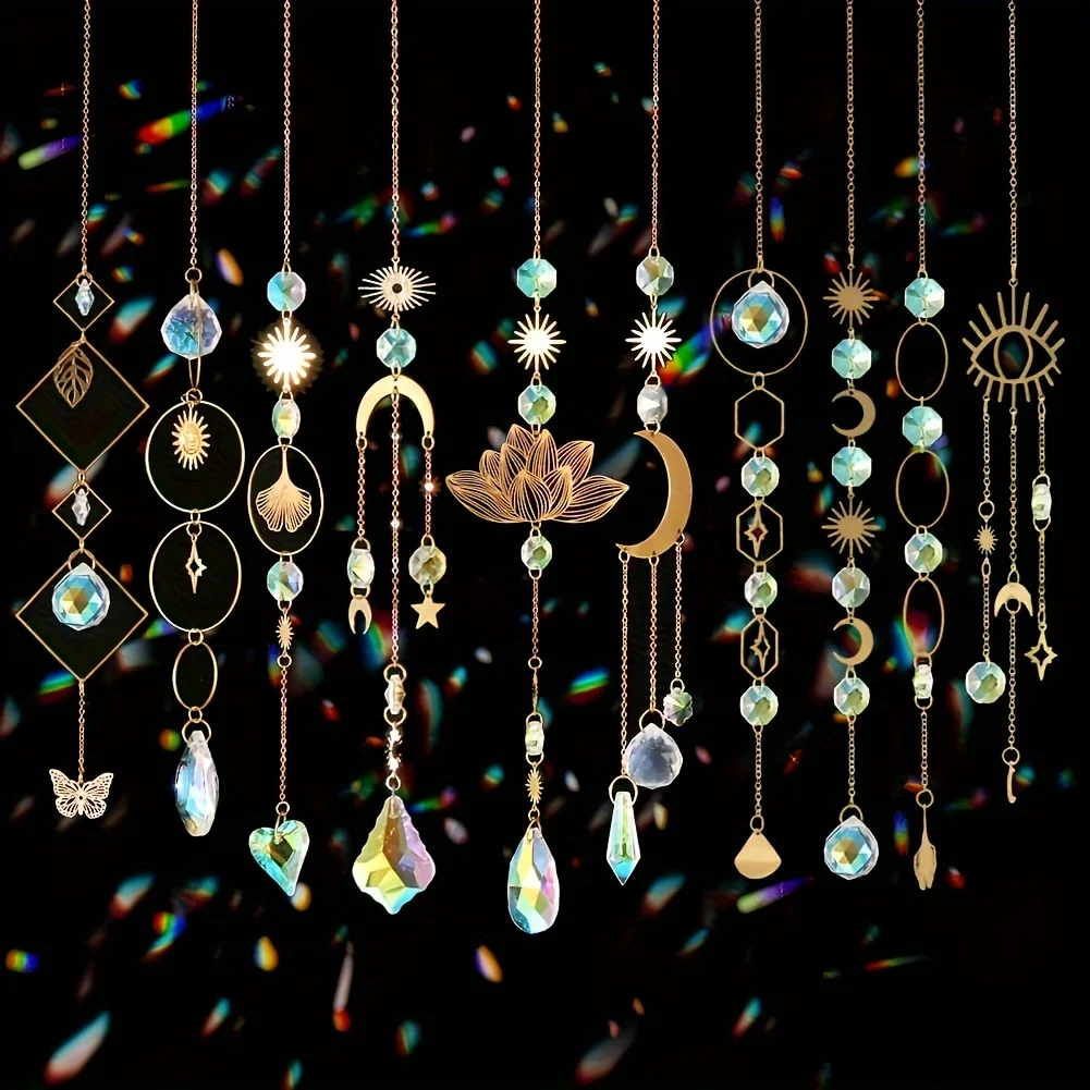 10 Pieces Lotus Colorful Crystal Suncatcher with Chain Pendant Ornaments Hanging Crystals Prism Rainbow Maker for Windows Indoor 2 A collection of ten individual crystal suncatcher ornaments. Each piece includes a multi-faceted crystal prism drop and a colorful, carved lotus flower pendant, designed to create rainbows when hung in a window.