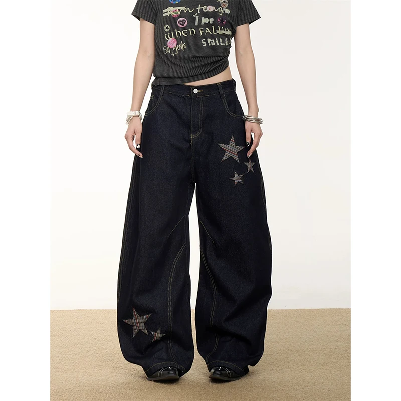 YIBASHU Women Vintage Baggy Black Star Jeans High Waist Denim Trousers 2000s Y2k Harajuku Aesthetic Wide Pants Trashy Clothes 3