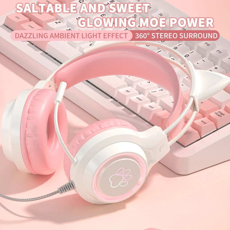 Cool Cat Ear Gaming Headset With LED Lights - Wired & Wireless, Noise Cancelling Mic, For PC, Xbox, Phone