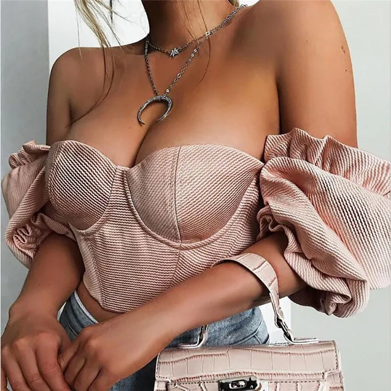 

New Princess Style Women Sexy Strapless Solid Blouses Female Ruffles Casual Short Zipper Slim Short Tops Puff Sleeve Shirts Back