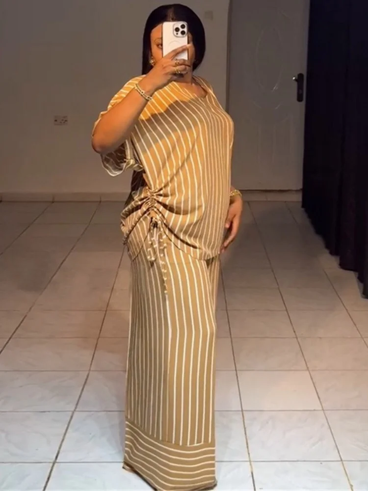 Wmstar Two Piece Sets Women Summer Outfit 2025 Summer New Casual Loose V Neck Striped Short Sleeved Top Wide Leg Long Pants Set