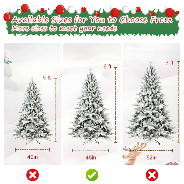 5FT/6FT/7FT Pre-lit Artificial Christmas Tree 1514 Branch Tips Automatic Open PE/PVC Mixed Flocking Xmas Tree Metal Stand Base 3
