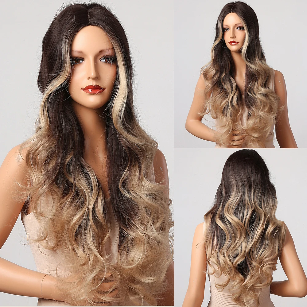 U.SHINE Ombre Brown Light Blonde Platinum Long Wavy Middle Part Hair Wig Cosplay Natural Heat Resistant Synthetic Wig for Women