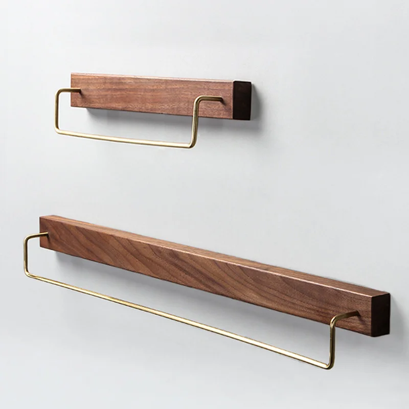 Black Walnut Wood Towel Rack Wall Mounted Retro Towel Bar Wooden Holder Brass Rail Brass Hooks for Bathroom Kitchen towel rack towel holder