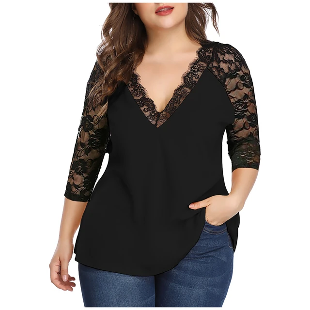 Sexy Women Blouse Deep V Neck Lace Trim See Through Polyester Long Sleeve  shirt Blouse Top Women's Patchwork Lace Clothing - AliExpress