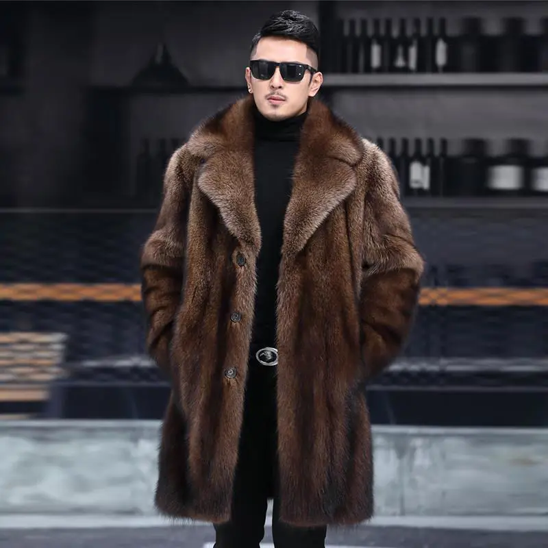 Bontjas voor heren, lange bontjas, kunstbontjas, pluche winterjas, warme mantel, bontjas, lange mouwen, revers, nepbont, jas, cardigan, mantels van imitatiebont, outdoorjas, bontkraag, grijs, L