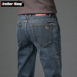 Новинка осени 2023, мужские хлопковые Стрейчевые зауженные джинсы, прямые модные джинсовые штаны в деловом стиле, винтажные синие брендовые черные брюки