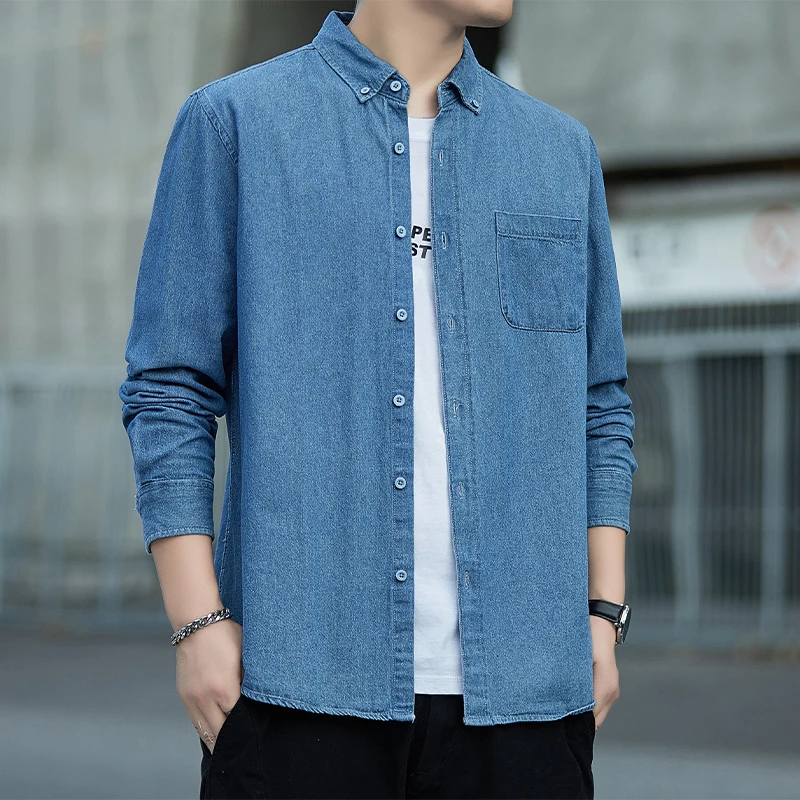Spring Autumn Men's Denim Shirts Cotton Long Sleeve Solid Color Slim Casual Shirts Mens Blue Streetwear Daily Jean Blouse Tops