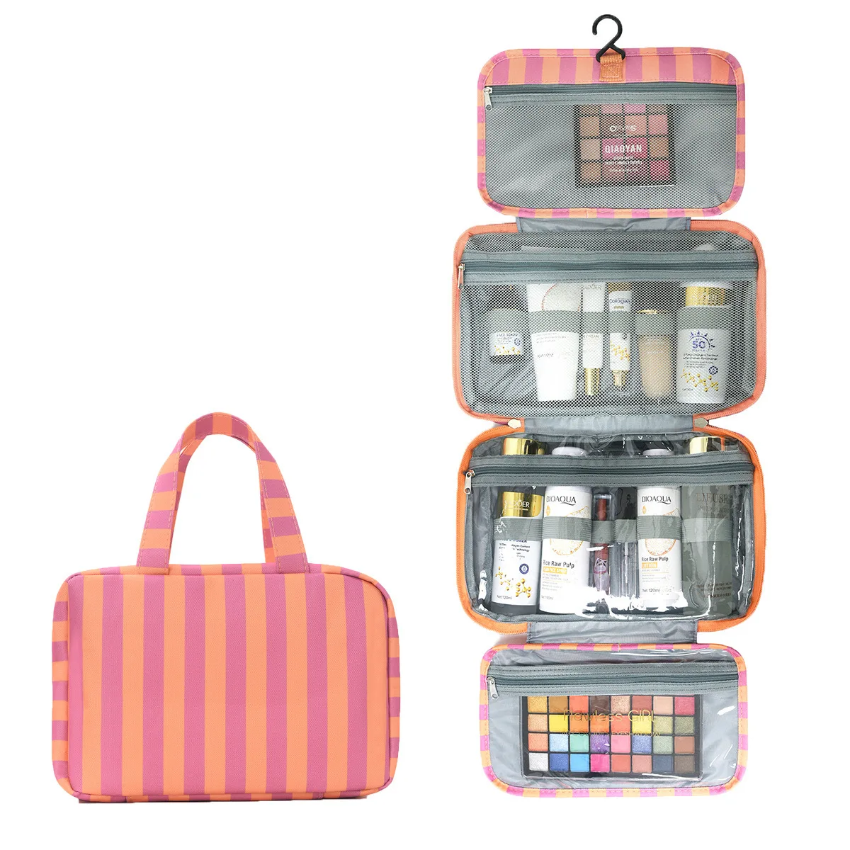 Foldable Striped Toiletry Bag with 4 Compartments and Hanging Hook