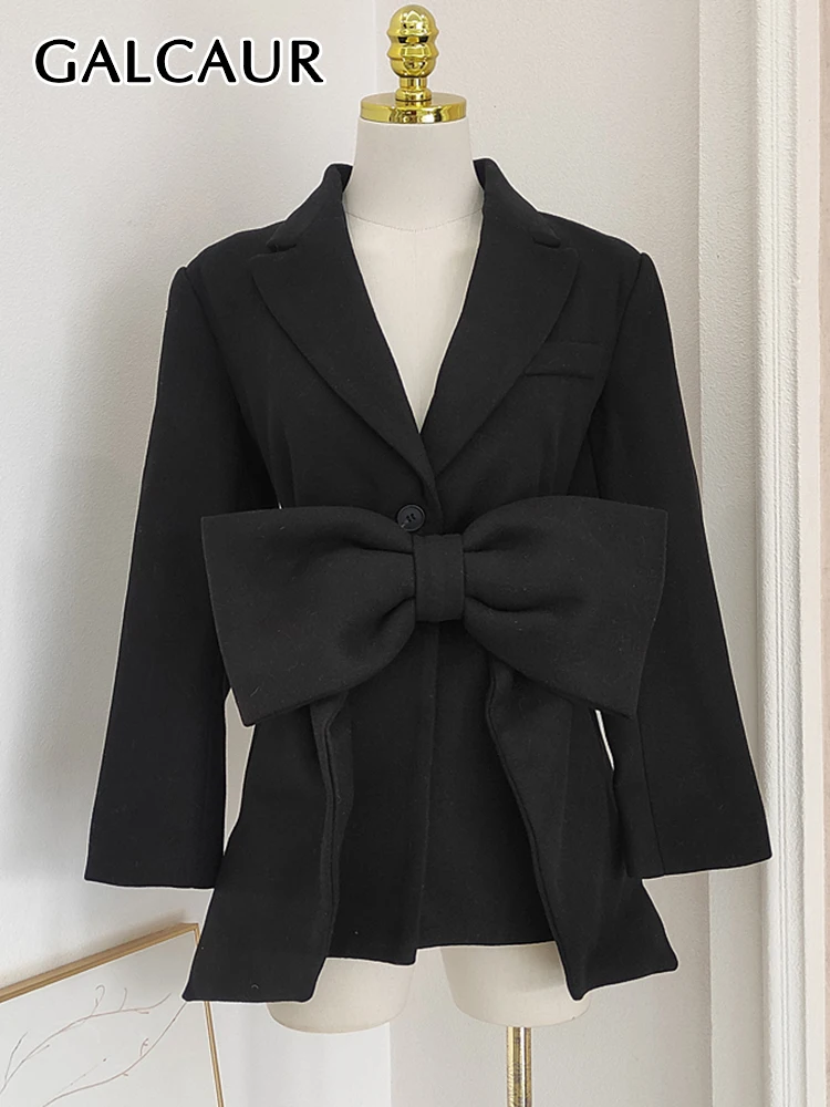 

GALCAUR Solid Temperament Blazer For Women Notched Collar Long Sleeve Single Breasted Patchwork Bow Elegant Slim Blazers Female