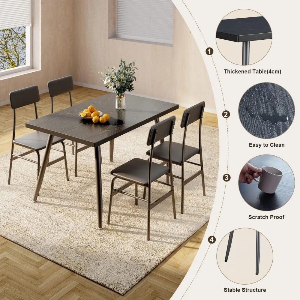 5 Piece Dining Table Set for 4, Modern Metal & Wood Kitchen Dinner Table with Chairs, Space-Saving, Perfect  Apartments 4