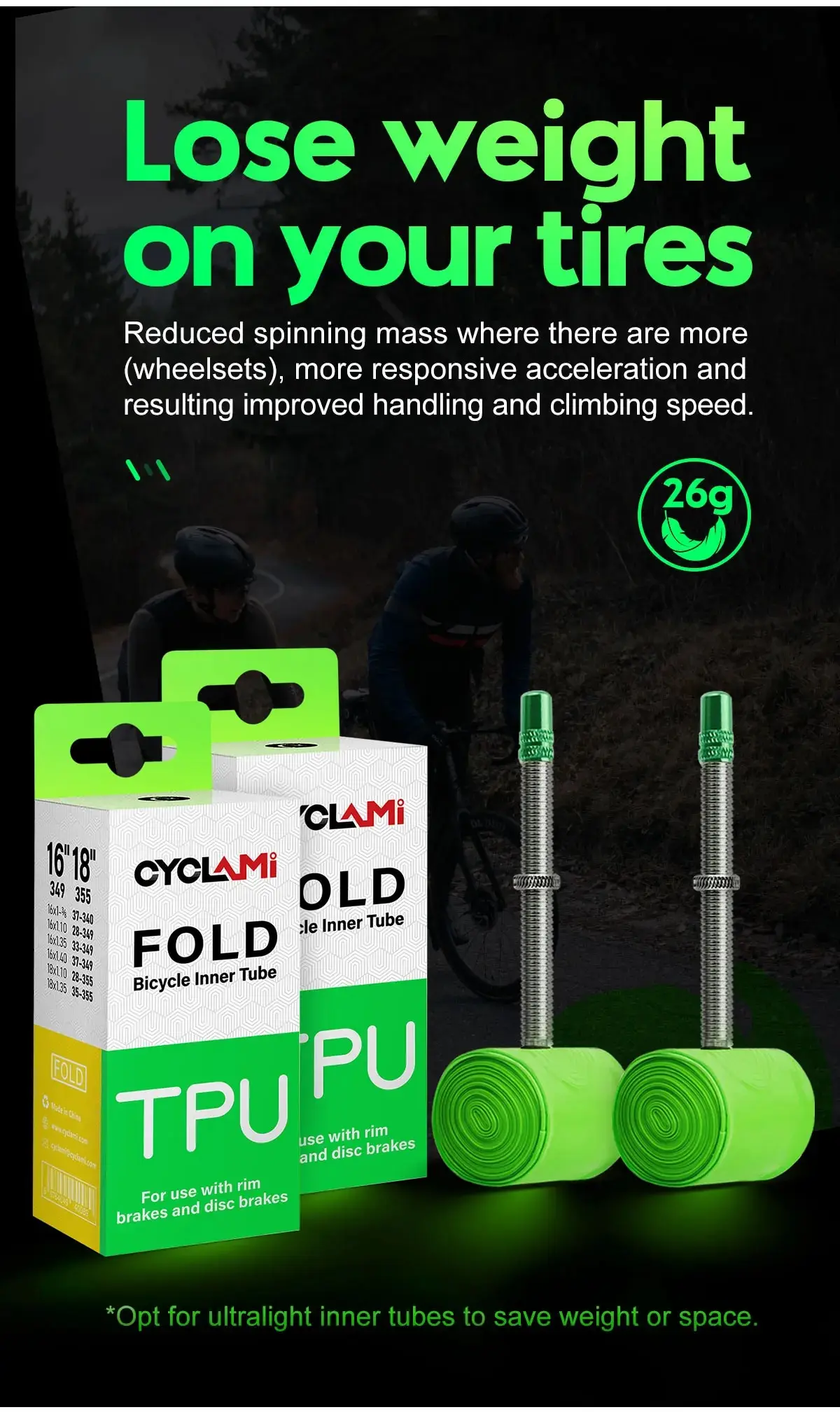 Description Picture 5 of itemCYCLAMI TPU Folding Bike Inner Tube FV 60mm 20" 406 451 16" 349 18" 355 0.9 1/1-8 1-3/8 1.35 1.5 1.4 1-1/4 Bicycle Tire Pneu