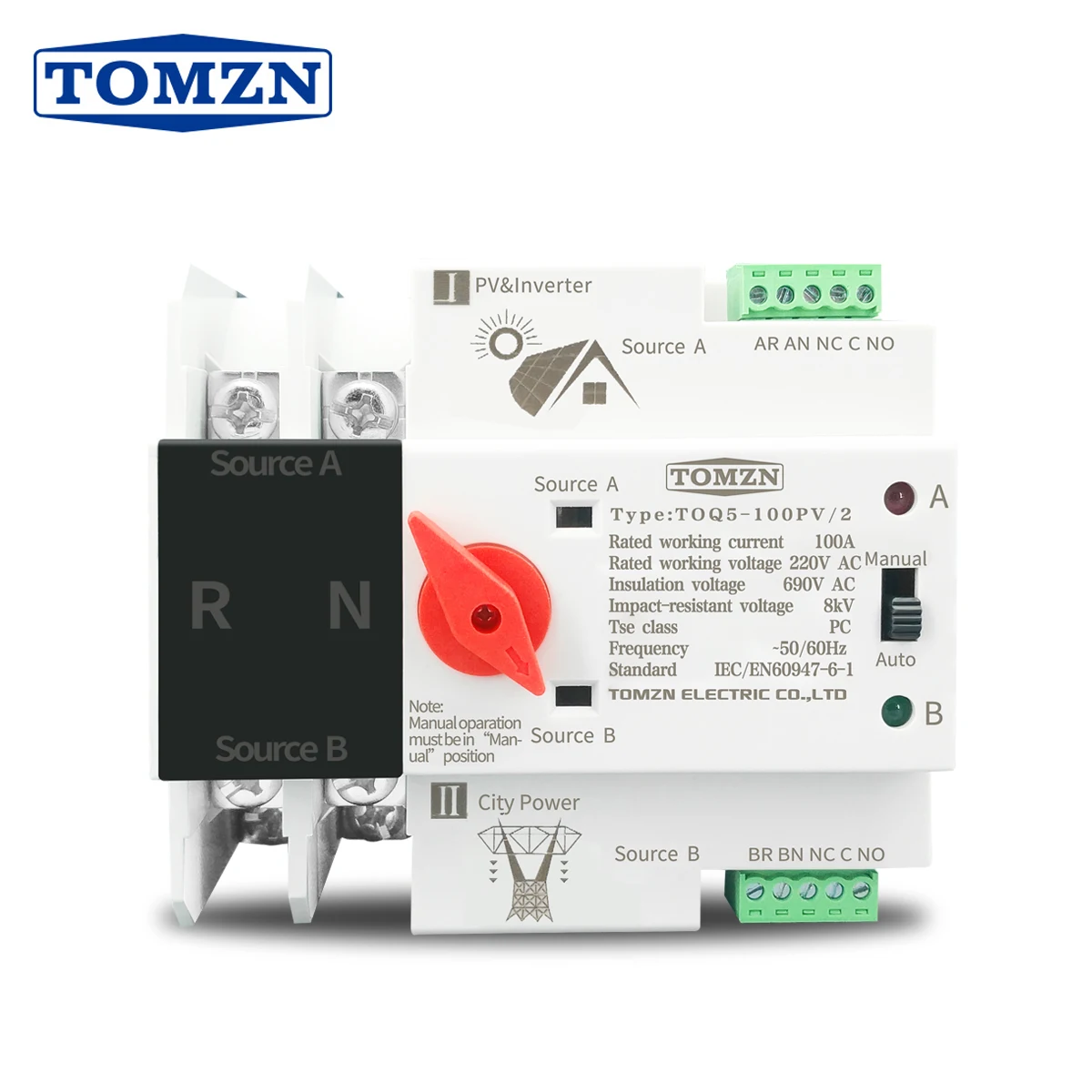 Tomzn-trilho de Ruído Monofásico Ats para Inversor pv Seletor de Transferência Automática de Energia Dupla Interruptores Ininterrupto 2p 63a 100a 125a