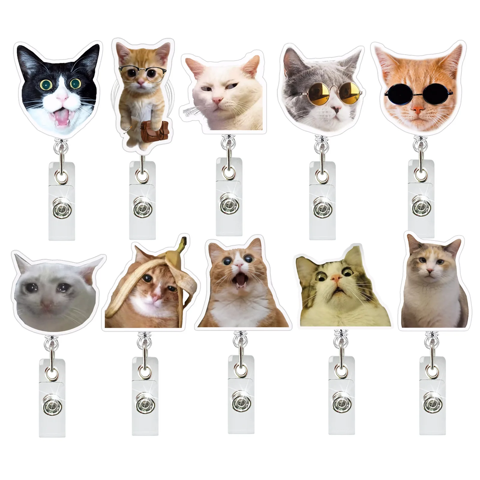 2025 New Design 1 Piece Acrylic Retractable Nurse Badge Reel Cute Cat Expression Doctor Student ID Card Holder Keys Lanyard