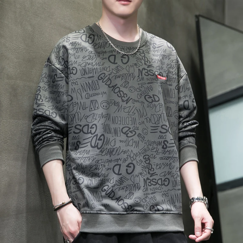 Men\'s Spring Autumn Round Neck Pullover Geometric Shape Letter Printed Lantern Long Sleeve Sports Hoodies T-shirt Undershirt Top
