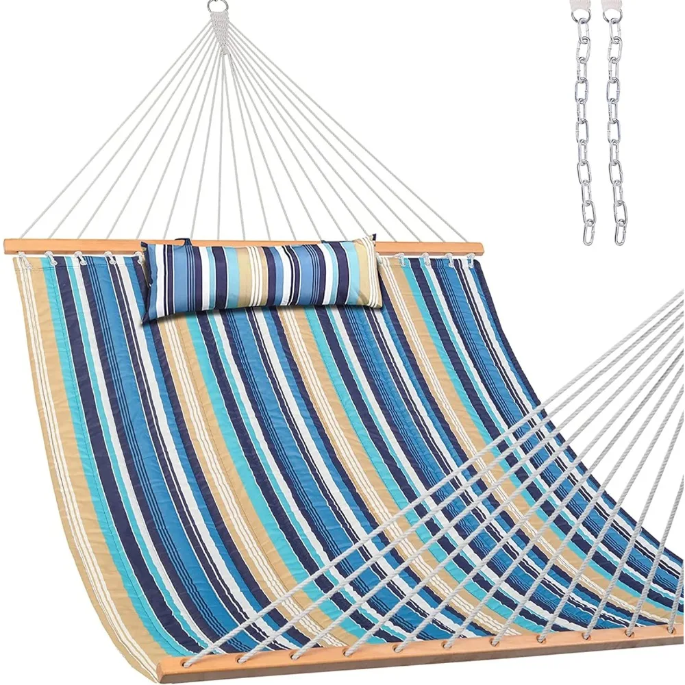 

12FT Quilted Fabric Double Hammock with Spreader Bars and Detachable Pillow,2 Person Hammock for Outdoor Patio Backyard Poolside